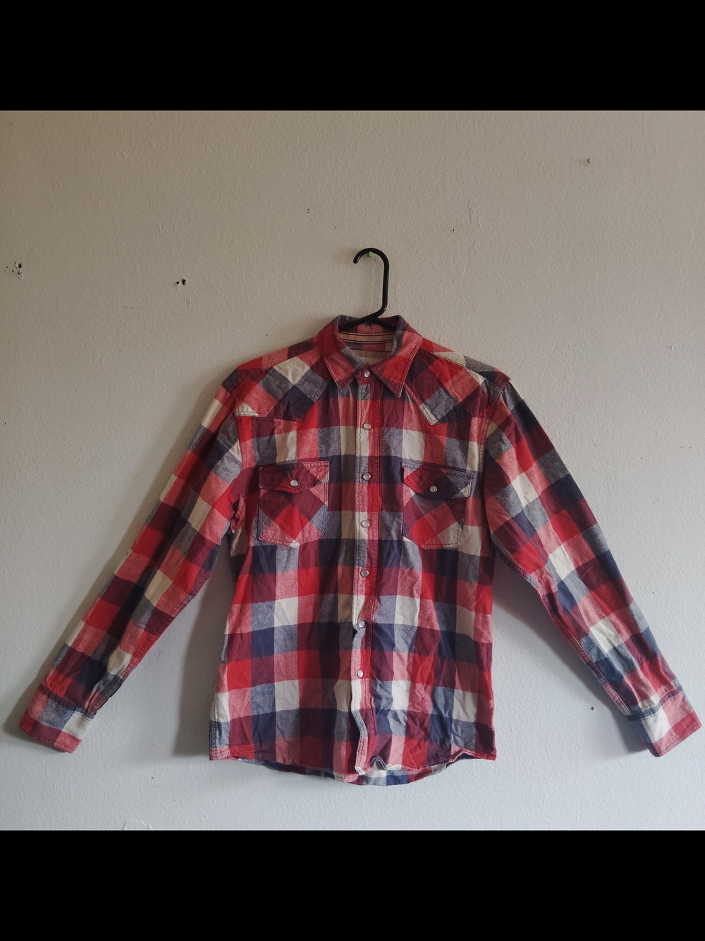 Ditch Plains Men's Red, Navy Blue, & Cream Western Plaid Pearl Snap Button Up